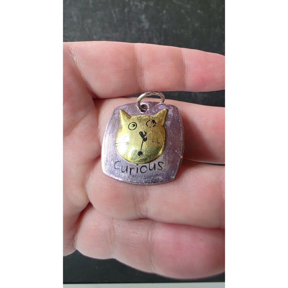 Silver & Gold Tone Curious Cat Pendant Vintage Costume Jewelry READ